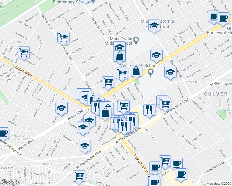 map of restaurants, bars, coffee shops, grocery stores, and more near 1409 Venice Boulevard in Los Angeles