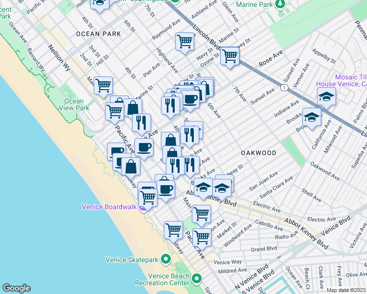 map of restaurants, bars, coffee shops, grocery stores, and more near 354 3rd Avenue in Los Angeles
