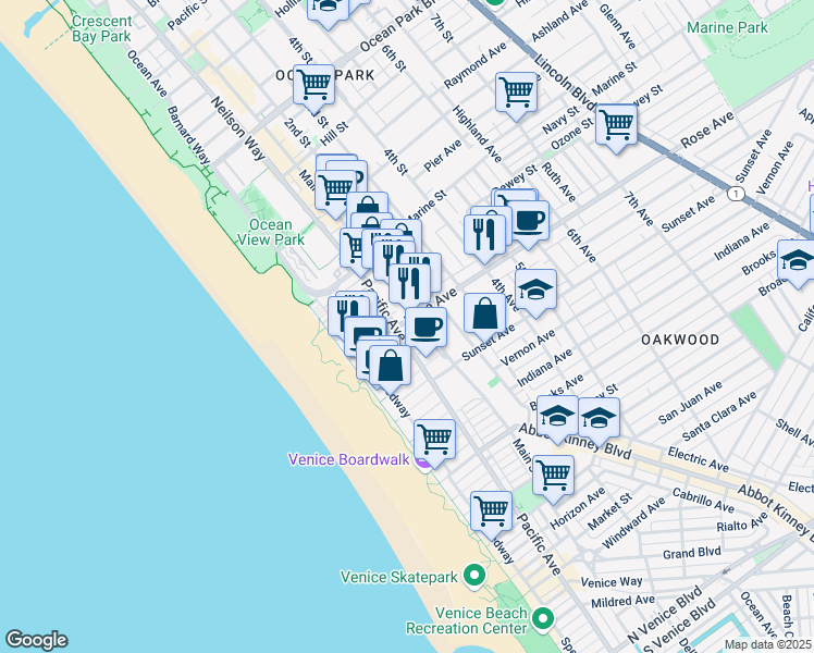 map of restaurants, bars, coffee shops, grocery stores, and more near 200 Rose Avenue in Los Angeles