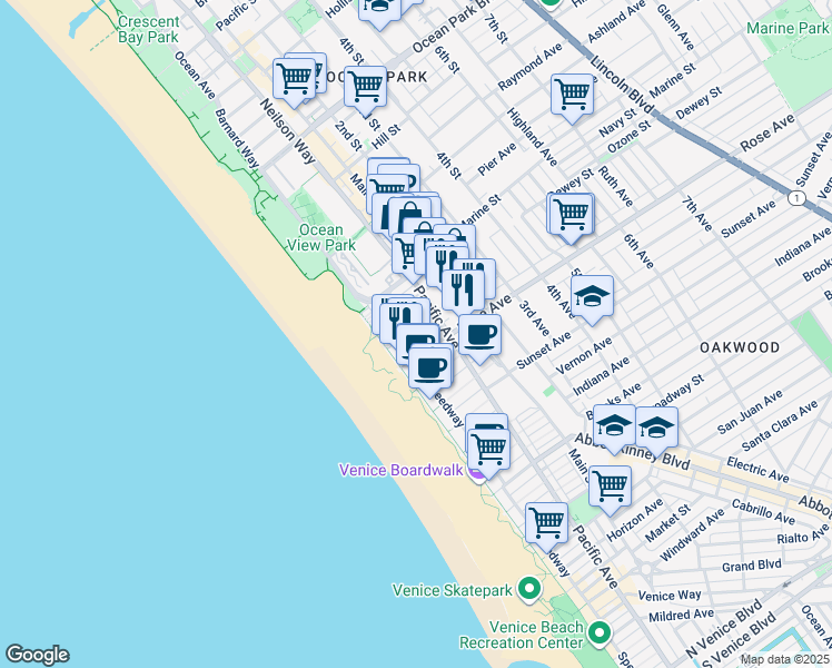 map of restaurants, bars, coffee shops, grocery stores, and more near 22 Navy Court in Los Angeles
