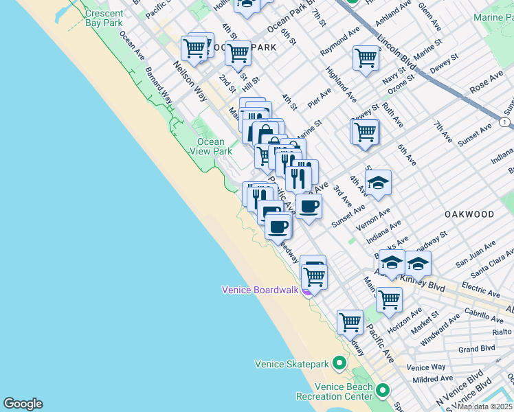 map of restaurants, bars, coffee shops, grocery stores, and more near 22 Navy Court in Los Angeles