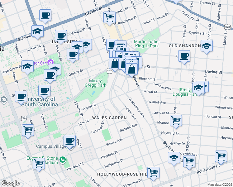 map of restaurants, bars, coffee shops, grocery stores, and more near 508 Edisto Avenue in Columbia