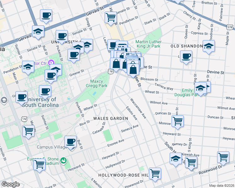 map of restaurants, bars, coffee shops, grocery stores, and more near 508 Edisto Avenue in Columbia