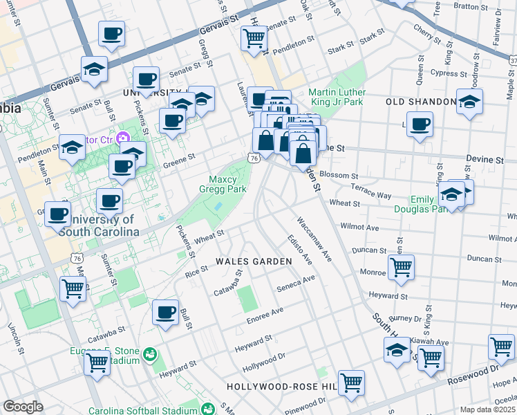 map of restaurants, bars, coffee shops, grocery stores, and more near 508 Edisto Avenue in Columbia