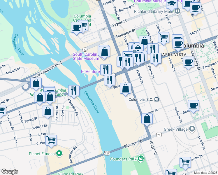 map of restaurants, bars, coffee shops, grocery stores, and more near 1105 Gist Street in Columbia