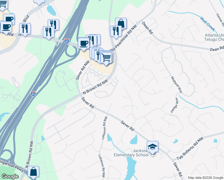 map of restaurants, bars, coffee shops, grocery stores, and more near 1579 Legrand Circle Northwest in Lawrenceville