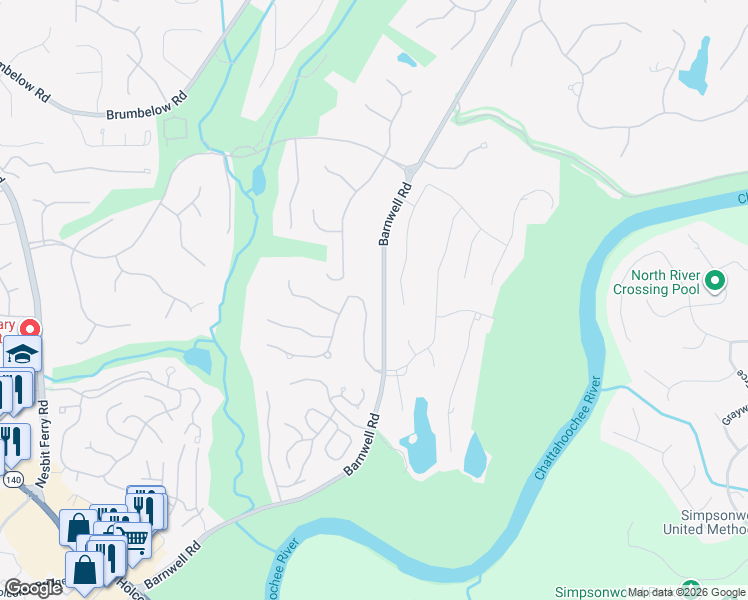 map of restaurants, bars, coffee shops, grocery stores, and more near 85 Fairway Ridge Drive in Alpharetta