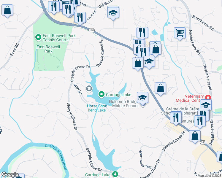 map of restaurants, bars, coffee shops, grocery stores, and more near 413 Sassafras Road in Roswell