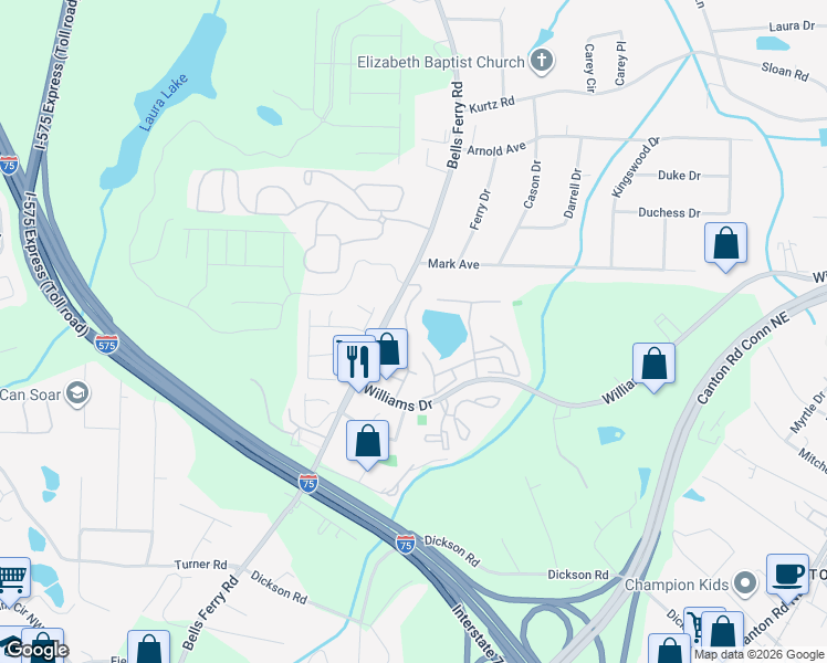 map of restaurants, bars, coffee shops, grocery stores, and more near 375 Oak Harbor Trail in Marietta