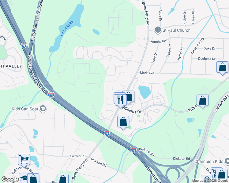 map of restaurants, bars, coffee shops, grocery stores, and more near 88 Bridge View Drive in Marietta