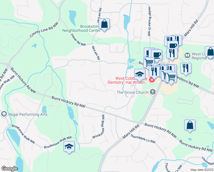 map of restaurants, bars, coffee shops, grocery stores, and more near 5575 Brookgreen Drive Northwest in Acworth