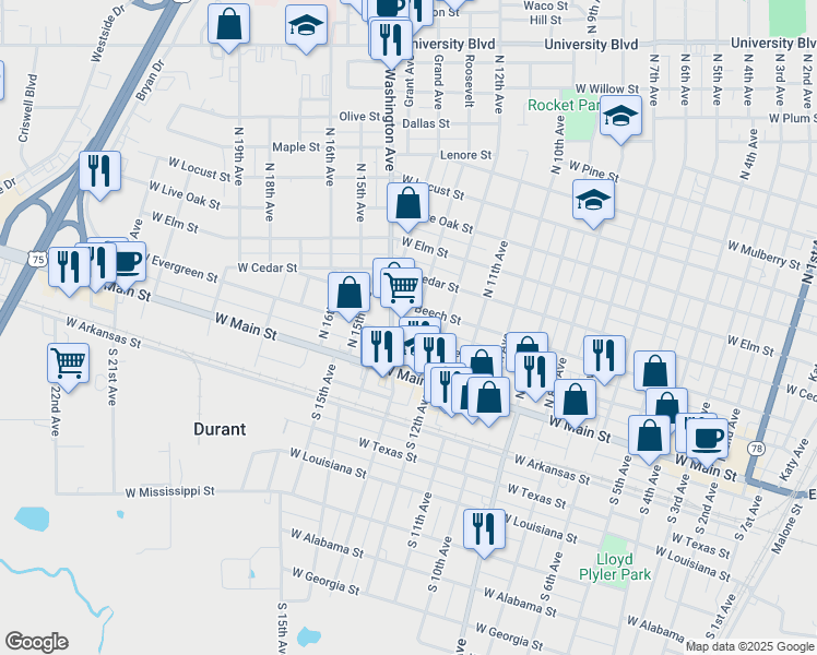 map of restaurants, bars, coffee shops, grocery stores, and more near 218 N Washington Ave in Durant