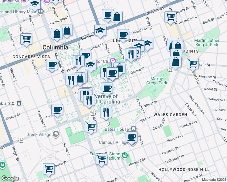 map of restaurants, bars, coffee shops, grocery stores, and more near 1409 Devine Street in Columbia