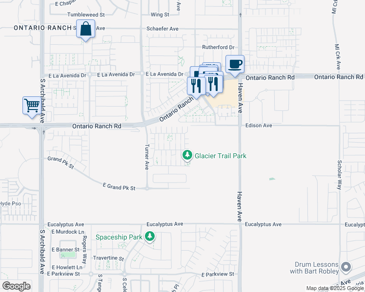 map of restaurants, bars, coffee shops, grocery stores, and more near 3235 East Olympic Drive in Ontario