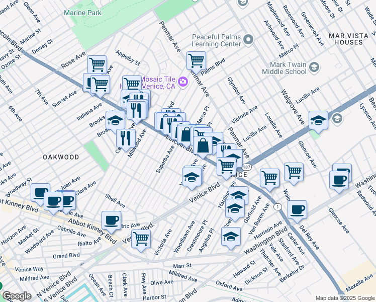 map of restaurants, bars, coffee shops, grocery stores, and more near in Los Angeles
