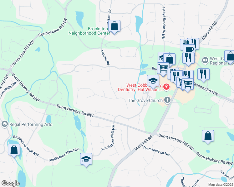 map of restaurants, bars, coffee shops, grocery stores, and more near 5575 Brookgreen Drive Northwest in Acworth