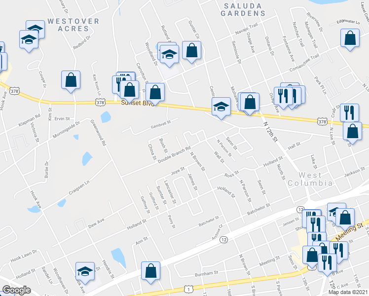 map of restaurants, bars, coffee shops, grocery stores, and more near 1608 Double Branch Road in West Columbia