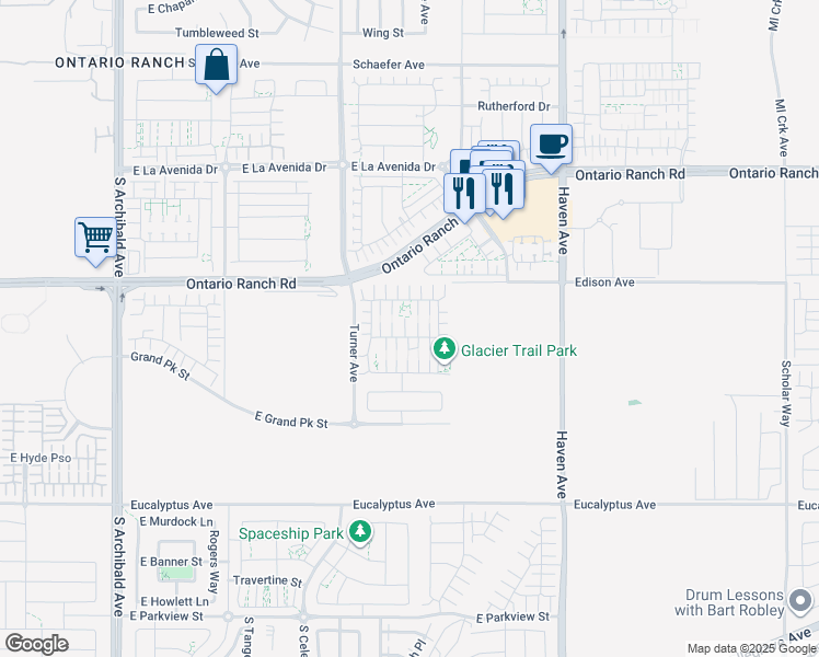 map of restaurants, bars, coffee shops, grocery stores, and more near 3195 East Olympic Drive in Ontario
