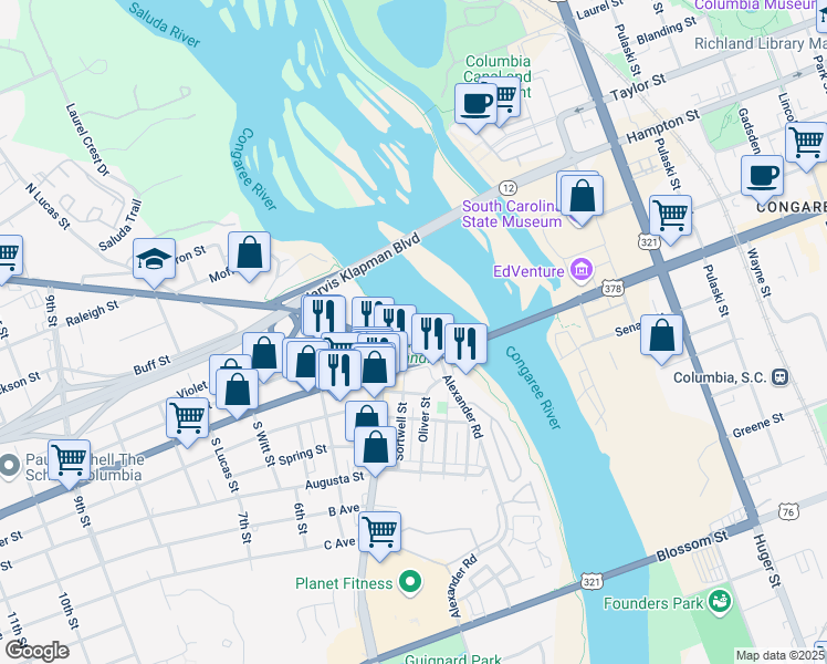 map of restaurants, bars, coffee shops, grocery stores, and more near 2001 Meeting Street in West Columbia