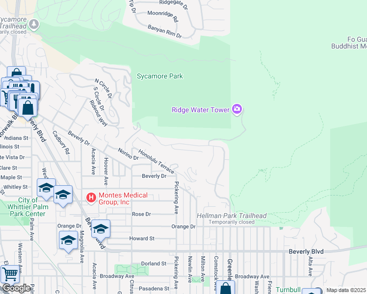 map of restaurants, bars, coffee shops, grocery stores, and more near 12530 Carinthia Drive in Whittier