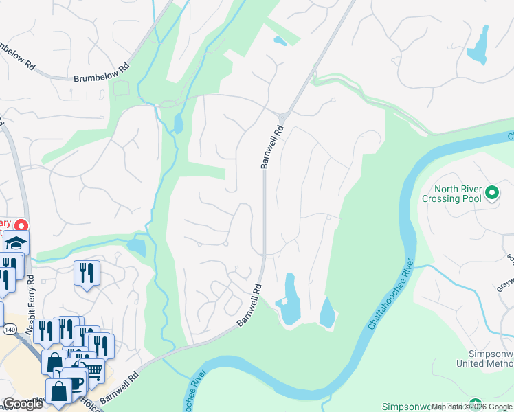 map of restaurants, bars, coffee shops, grocery stores, and more near 85 Fairway Ridge Drive in Alpharetta