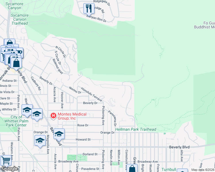 map of restaurants, bars, coffee shops, grocery stores, and more near 12530 Carinthia Drive in Whittier