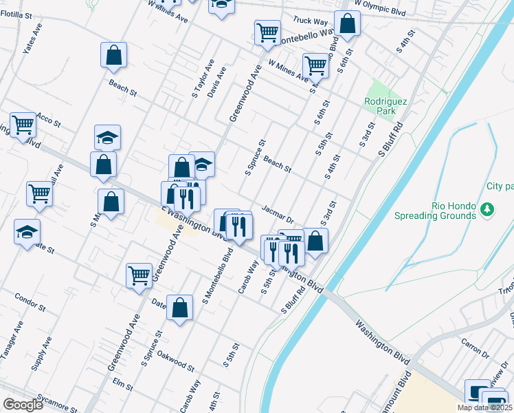 map of restaurants, bars, coffee shops, grocery stores, and more near 617 Jacmar Drive in Montebello