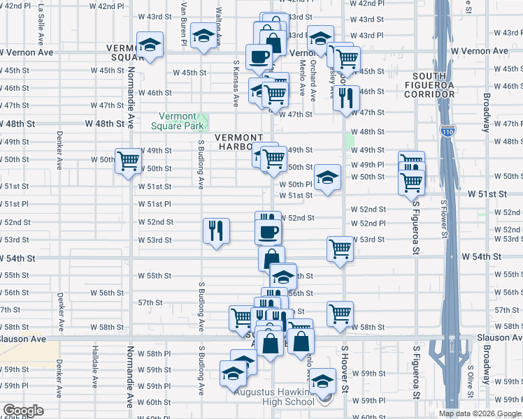 map of restaurants, bars, coffee shops, grocery stores, and more near 1016 West 51st Street in Los Angeles