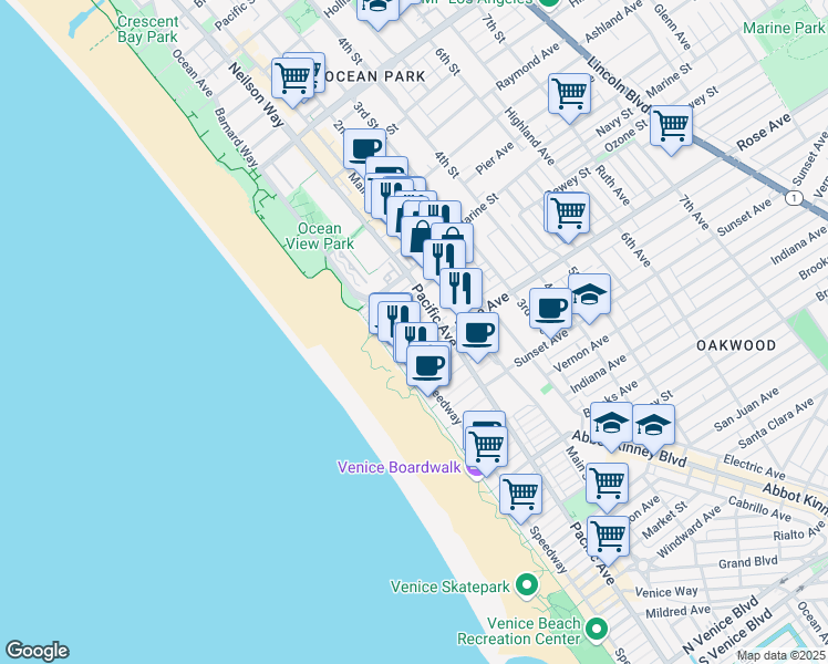 map of restaurants, bars, coffee shops, grocery stores, and more near 34 Ozone Avenue in Los Angeles