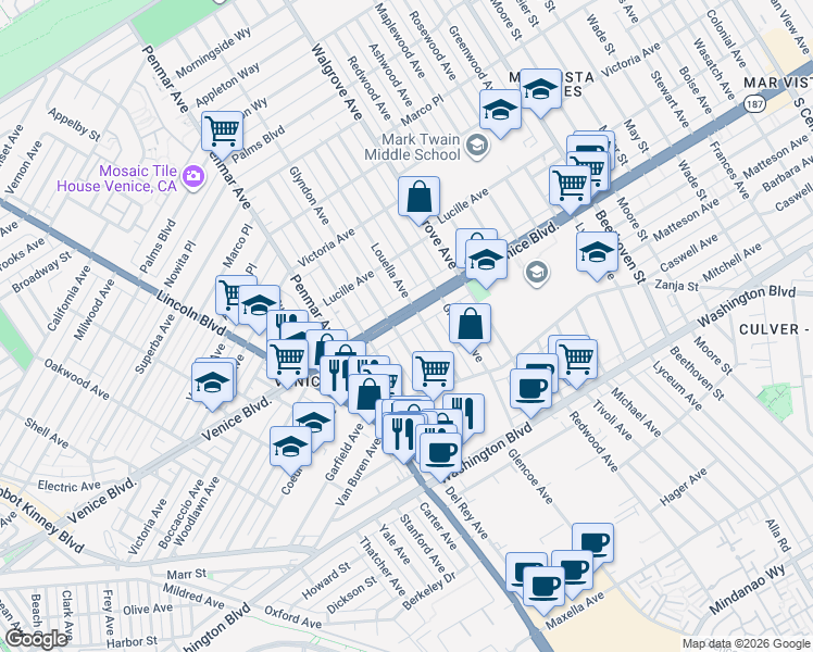 map of restaurants, bars, coffee shops, grocery stores, and more near 1410 Venice Boulevard in Los Angeles