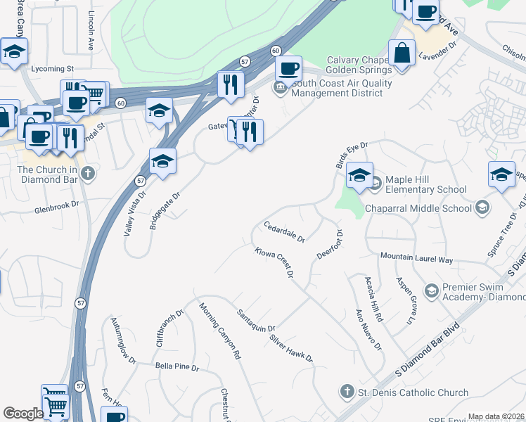 map of restaurants, bars, coffee shops, grocery stores, and more near 22033 Birds Eye Drive in Diamond Bar