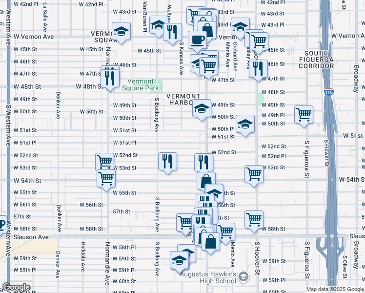 map of restaurants, bars, coffee shops, grocery stores, and more near 1060 West 51st Place in Los Angeles