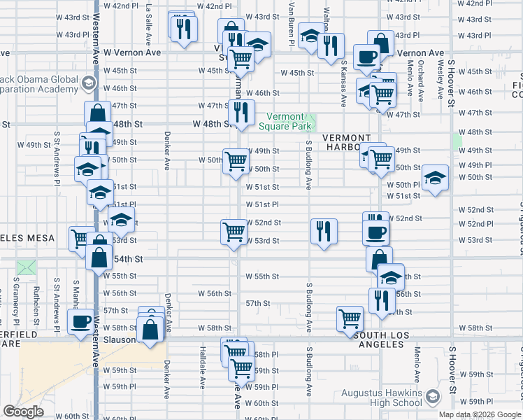 map of restaurants, bars, coffee shops, grocery stores, and more near 1320 West 51st Place in Los Angeles