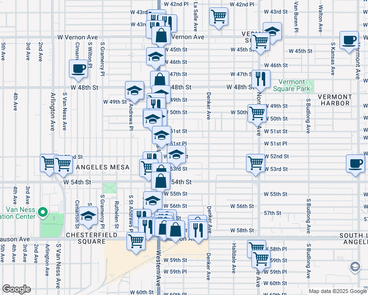 map of restaurants, bars, coffee shops, grocery stores, and more near 1662 West 51st Place in Los Angeles