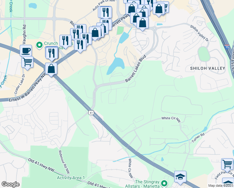 map of restaurants, bars, coffee shops, grocery stores, and more near 1800 Barrett Lakes Boulevard in Kennesaw