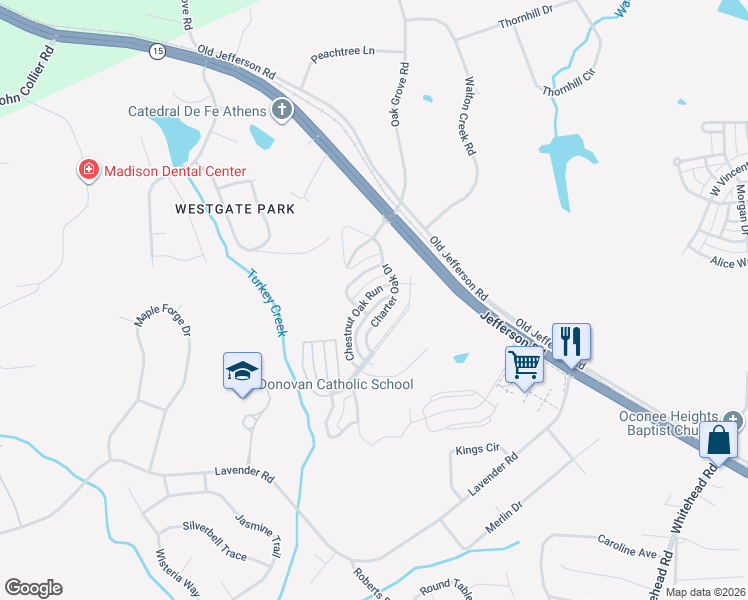 map of restaurants, bars, coffee shops, grocery stores, and more near 12 Chestnut Oak Run in Athens
