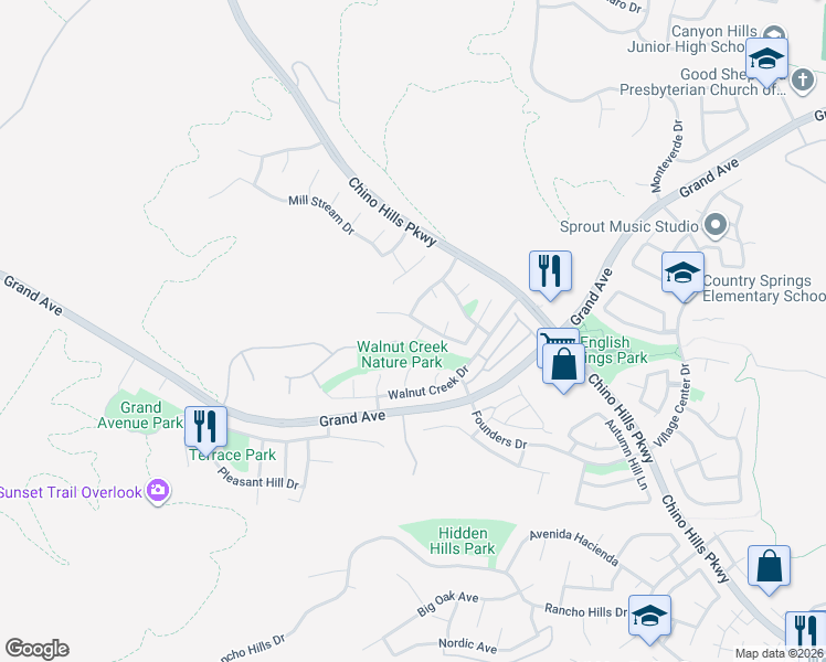 map of restaurants, bars, coffee shops, grocery stores, and more near 1894 Berryhill Drive in Chino Hills