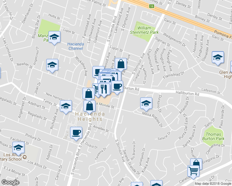 map of restaurants, bars, coffee shops, grocery stores, and more near 2001 Montera Drive in Hacienda Heights