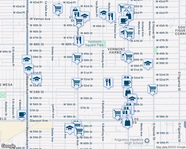 map of restaurants, bars, coffee shops, grocery stores, and more near 1250 West 51st Place in Los Angeles
