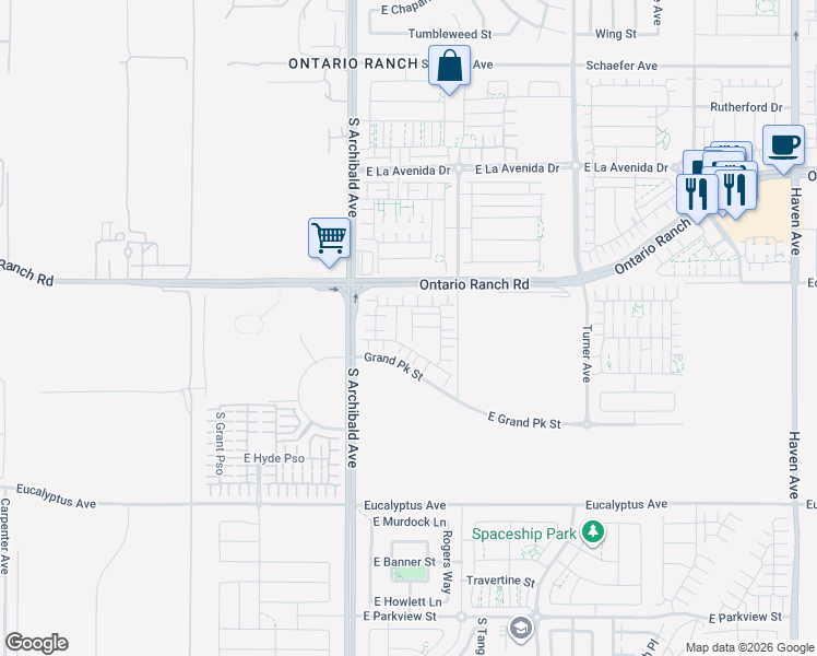 map of restaurants, bars, coffee shops, grocery stores, and more near 4256 South Palou Paseo in Ontario