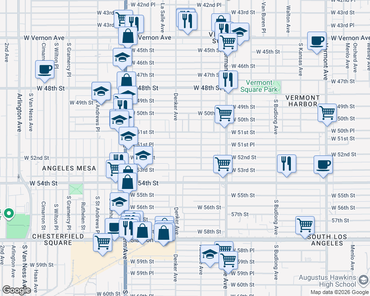 map of restaurants, bars, coffee shops, grocery stores, and more near 1538 West 51st Place in Los Angeles