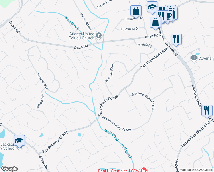 map of restaurants, bars, coffee shops, grocery stores, and more near 2250 Springer Walk in Lawrenceville