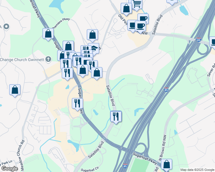 map of restaurants, bars, coffee shops, grocery stores, and more near 1901 Satellite Boulevard Northwest in Duluth