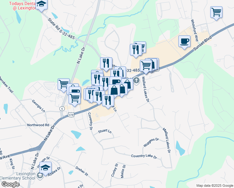 map of restaurants, bars, coffee shops, grocery stores, and more near 5555 Sunset Boulevard in Lexington