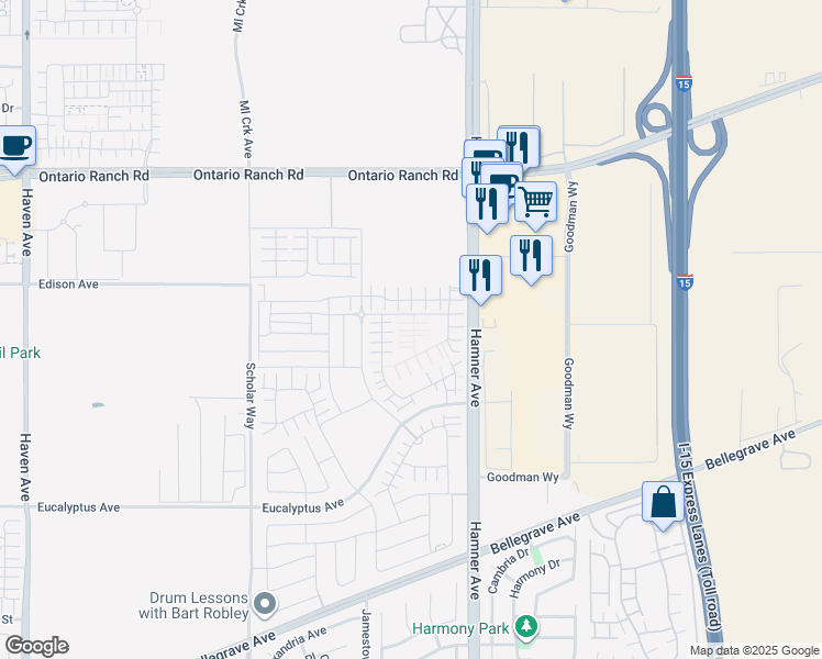 map of restaurants, bars, coffee shops, grocery stores, and more near 4216 South Hummingbird Paseo in Ontario
