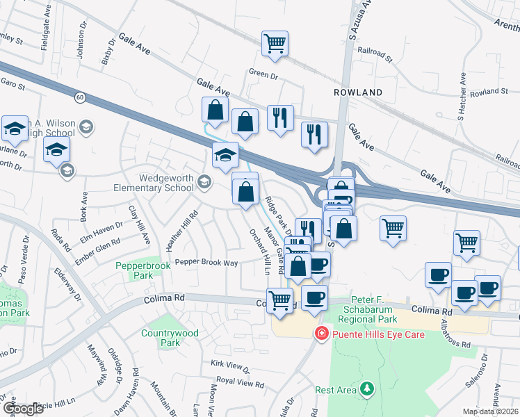 map of restaurants, bars, coffee shops, grocery stores, and more near 1510 Manor Gate Road in Hacienda Heights
