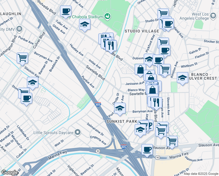 map of restaurants, bars, coffee shops, grocery stores, and more near 11210 McDonald Street in Culver City