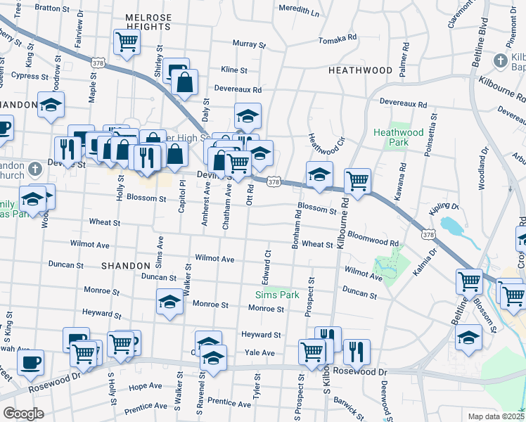 map of restaurants, bars, coffee shops, grocery stores, and more near 3412 Blossom Street in Columbia