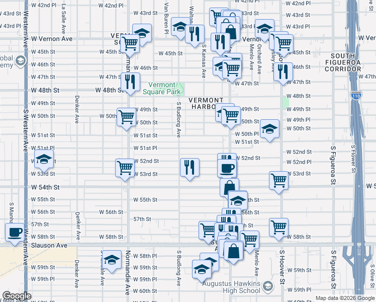 map of restaurants, bars, coffee shops, grocery stores, and more near 1140 West 51st Place in Los Angeles