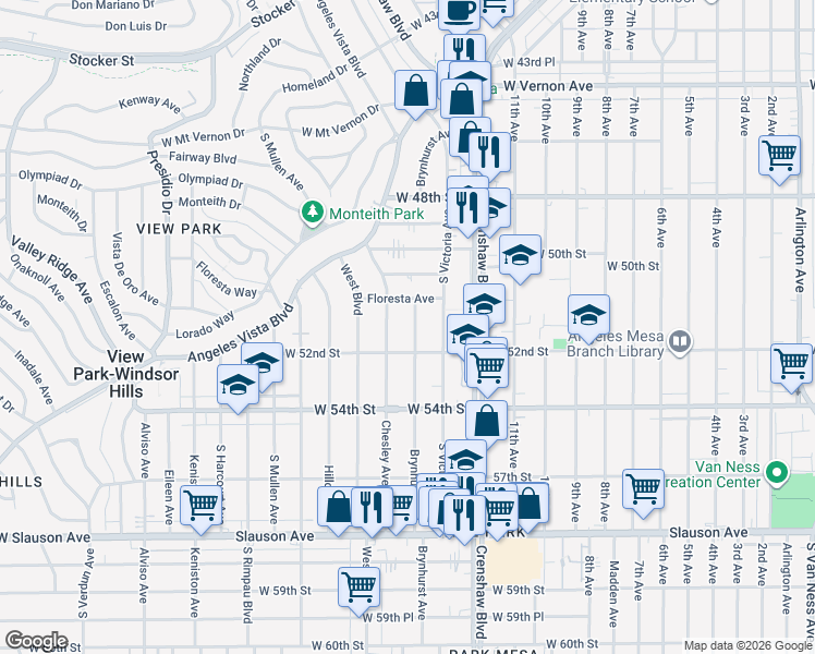 map of restaurants, bars, coffee shops, grocery stores, and more near 5133 Brynhurst Avenue in Los Angeles